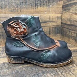 Socofy Rose Leather Ankle Boots Women 42 Black Burnished 3D Floral Zip Booties